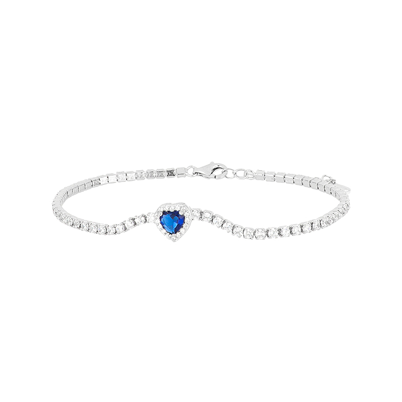 Bracciale Tennis con Cuore blu in Argento 925 rodiato e Cubic Zirconia