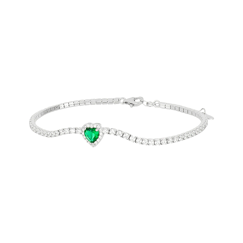 Bracciale Tennis con Cuore verde in Argento 925 rodiato e Cubic Zirconia