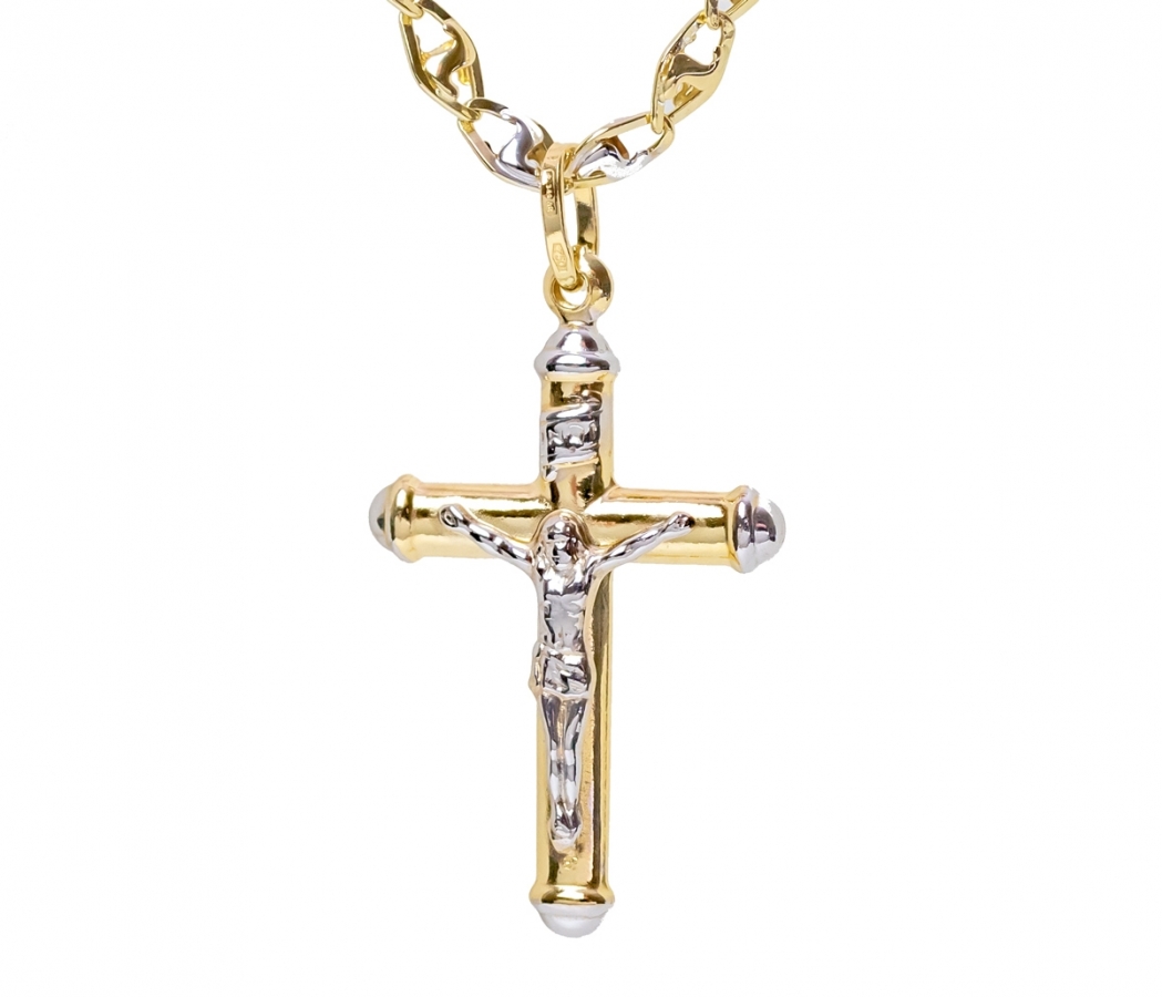 Collana da uomo con pendente croce Cristo crocifisso tubolare in oro giallo  e bianco 18kt