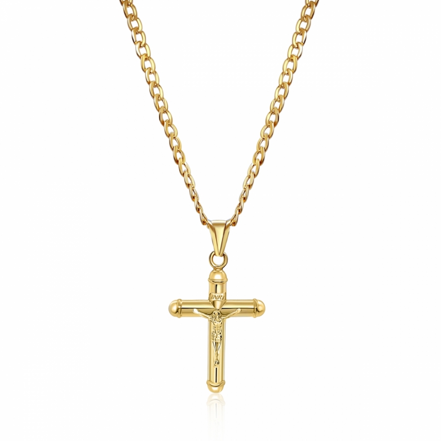 Collana uomo con croce Cristo crocifisso tubolare in oro giallo 18kt