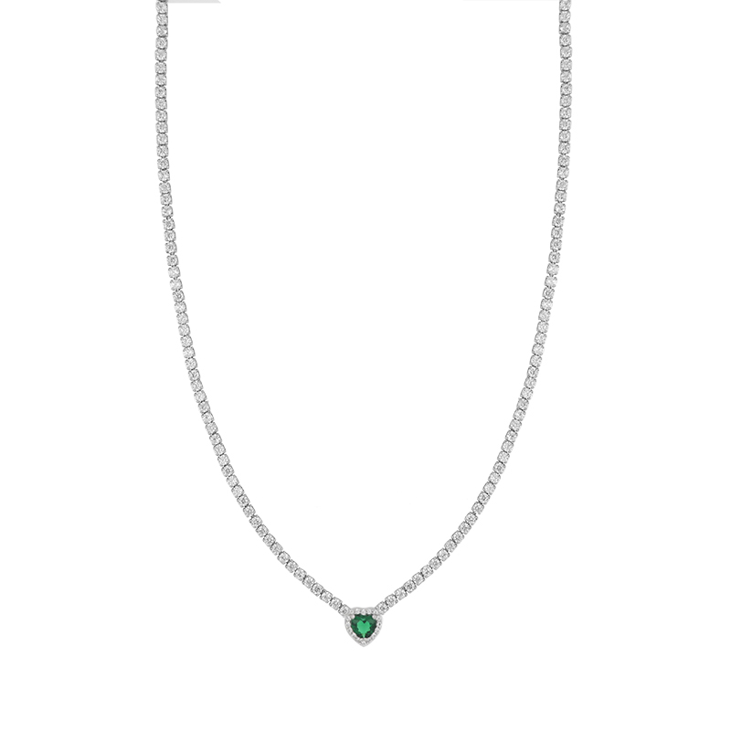 Collana Tennis con Cuore verde in Argento 925 rodiato e Cubic Zirconia