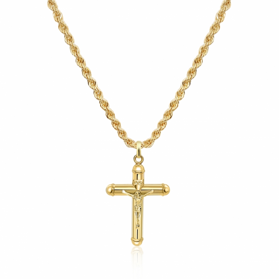 Collana uomo corda con croce Cristo crocifisso tubolare in oro giallo 18kt