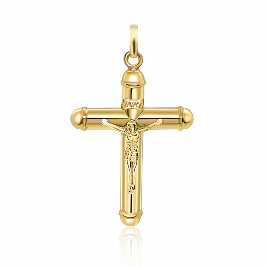 Collana uomo corda con croce Cristo crocifisso tubolare in oro giallo 18kt