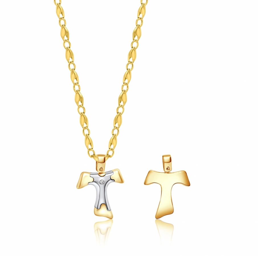 18k Yellow Gold and Diamond Tau Cross Necklace